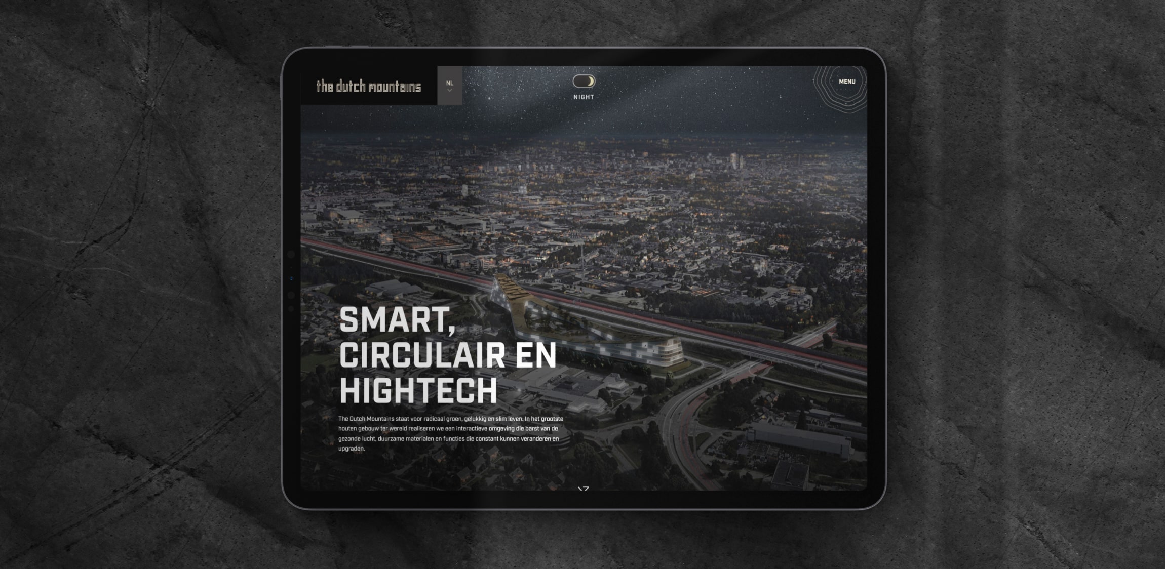 Een pagina van de website van The Dutch Mountains geopend op een tablet 