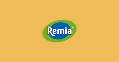 Remia logo op een geel-oranje achtergrond 