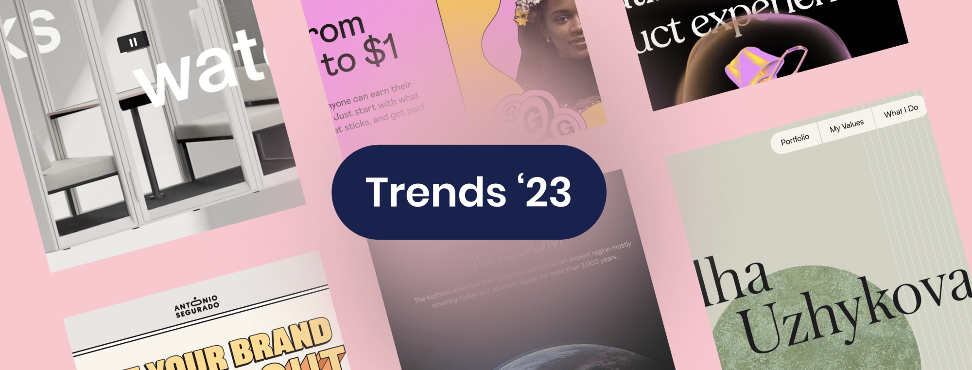 Enkele voorbeelden van design trends op een licht roze achtergrond met op de voorgrond een button met witte tekst "Trends '23"