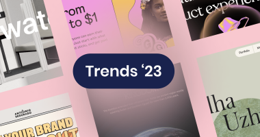 Enkele voorbeelden van design trends op een licht roze achtergrond met op de voorgrond een button met witte tekst "Trends '23"