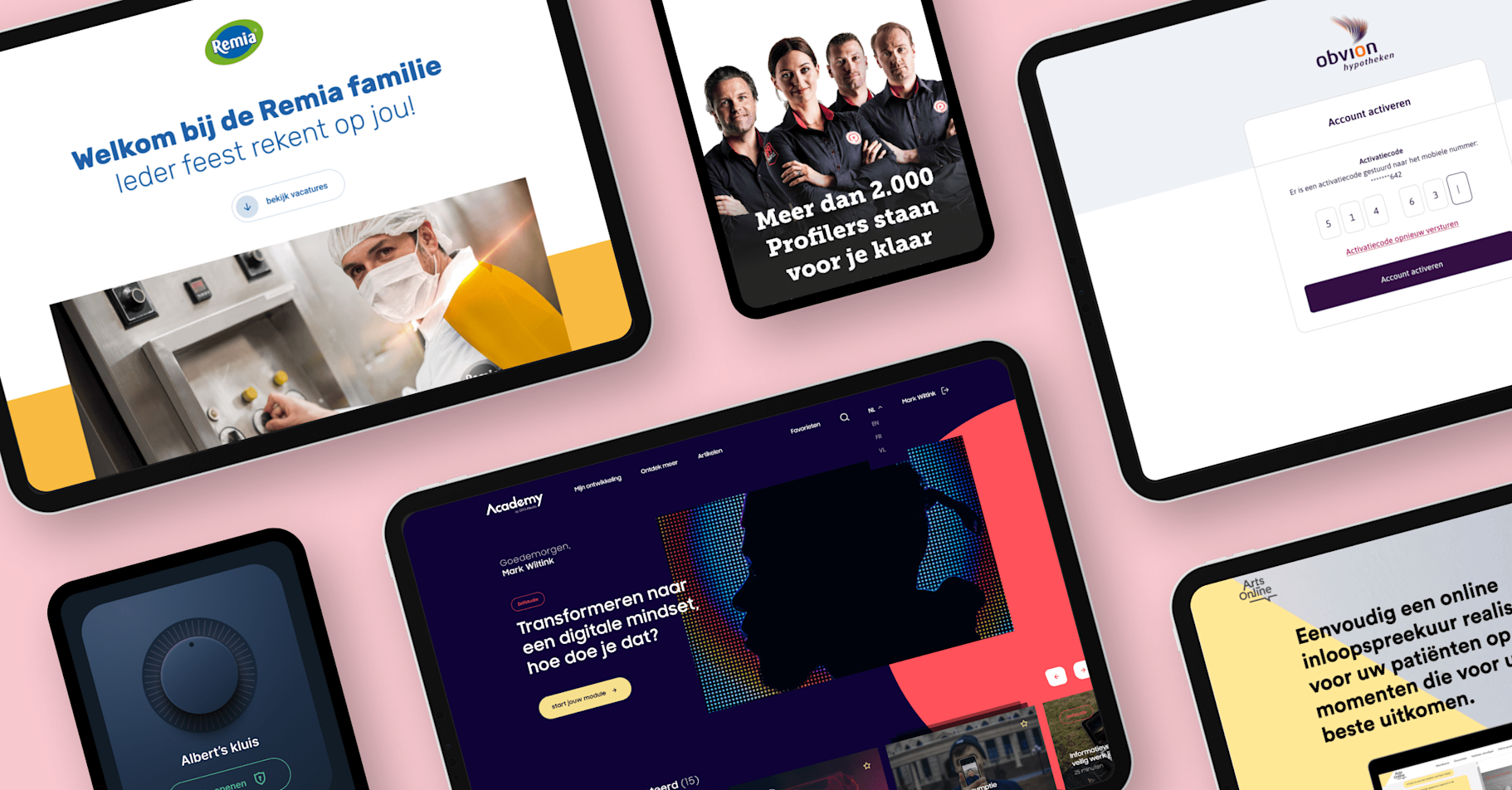Een paar voorbeelden van maatwerk projecten waaronder Remia, Profile, Obvion, ArtsOnline, DPG Media. 