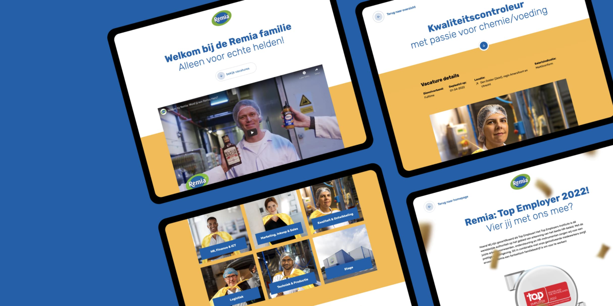 Vier pagina's van de Remia website getoond op tablets die op een blauwe achtergrond liggen. 