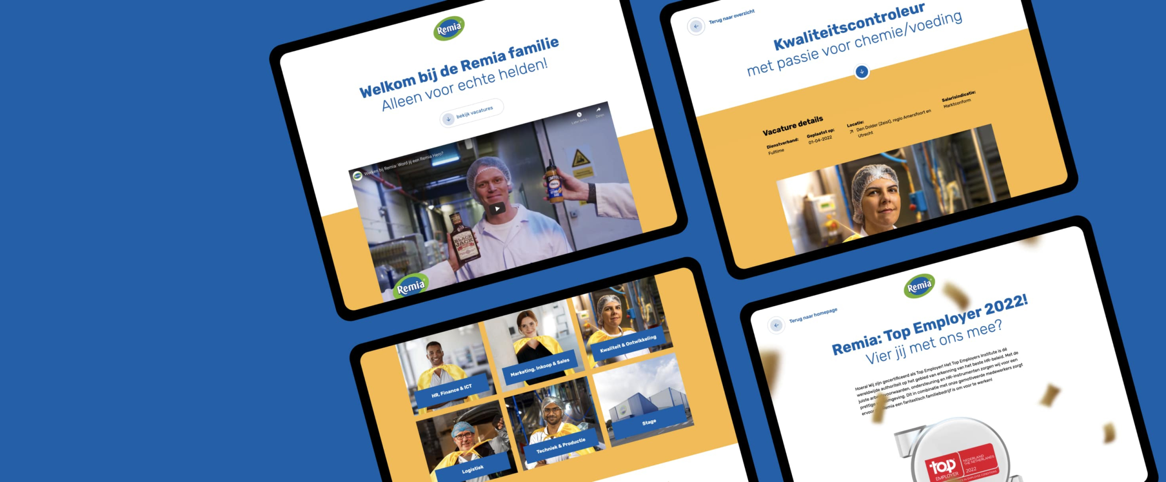 Vier pagina's van de Remia website getoond op tablets die op een blauwe achtergrond liggen. 