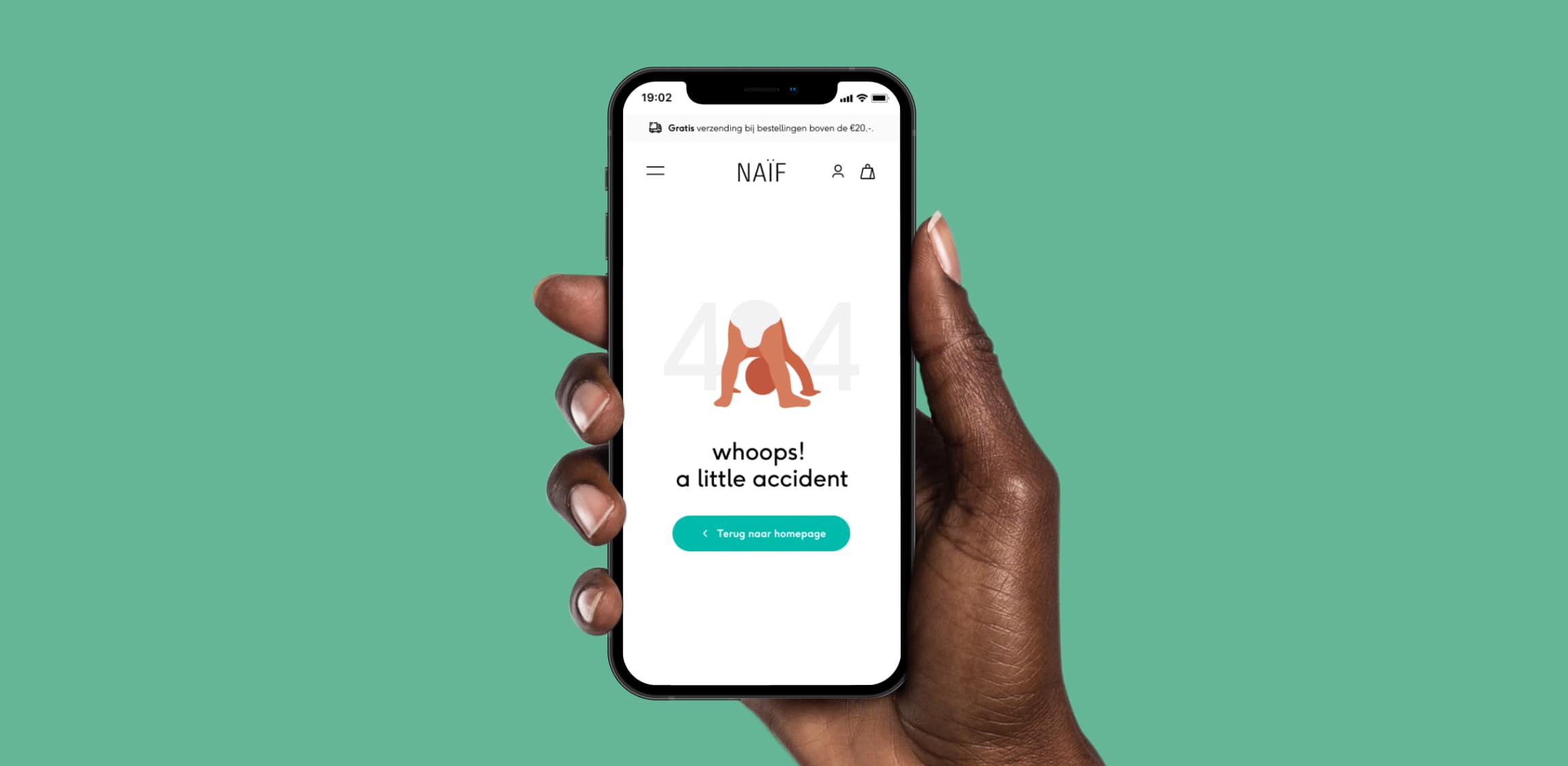 De 404 pagina voor Naïf getoond op een mobiel device. 