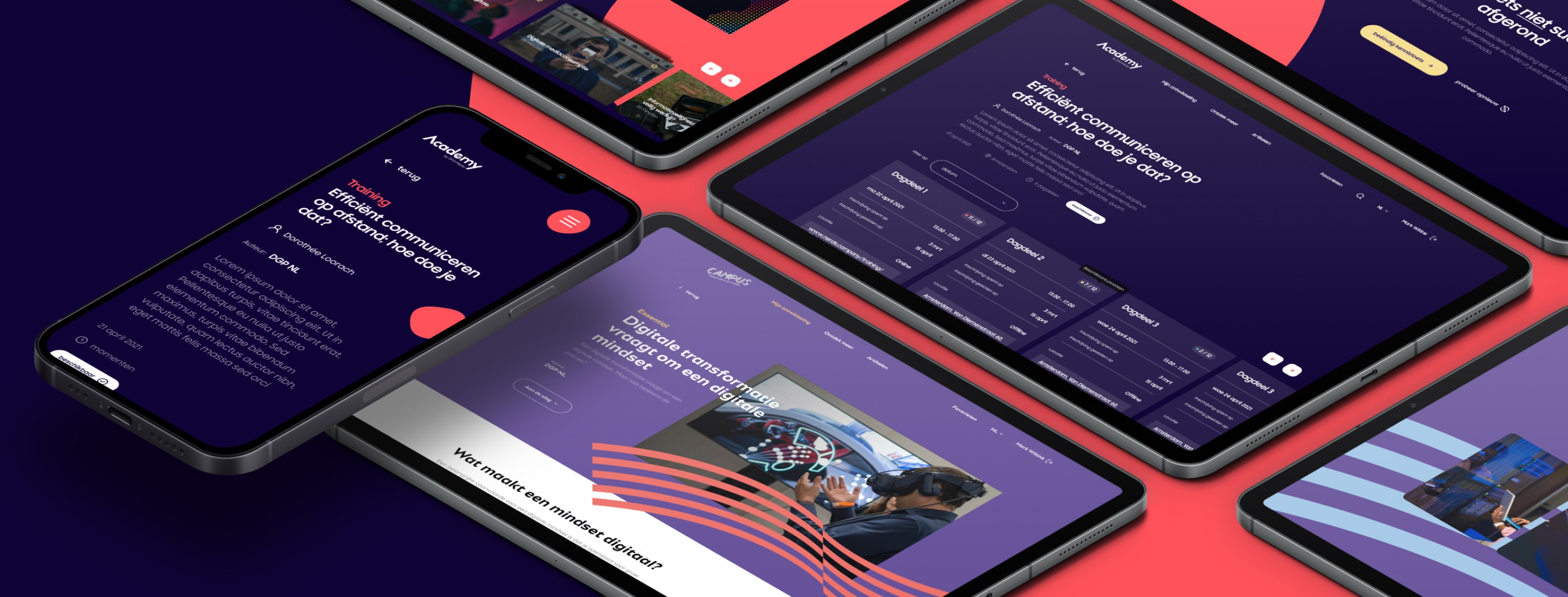 Enkele pagina's van DPG media uitgelicht op een paar tablets, die liggen op een donkere met felroze ondergrond 