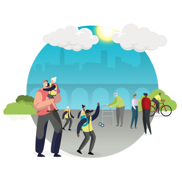 Circular PNG graphic showing adult and child; children walking to school; older main with Zimmer frame; man and woman talking; and cyclist. Representation of GM landmarks skyline in the background. 600 x 600 pixels.