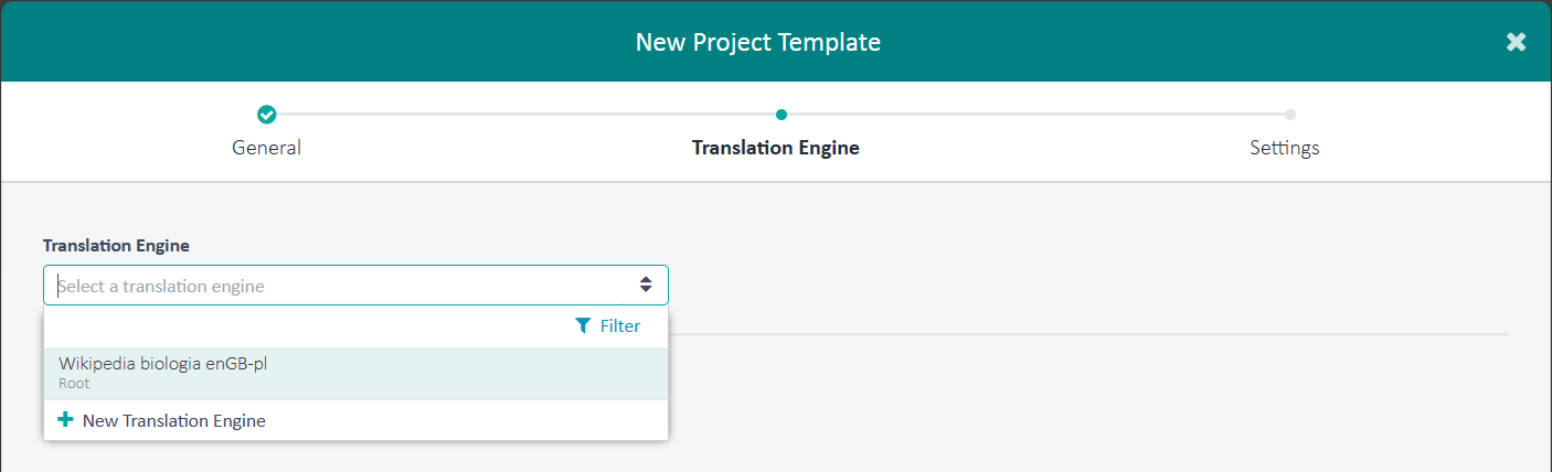 Żeby wybrać Translation Engine, trzeba kliknąś dwa trójkąty znajdujące się w ramce po prawej stronie.