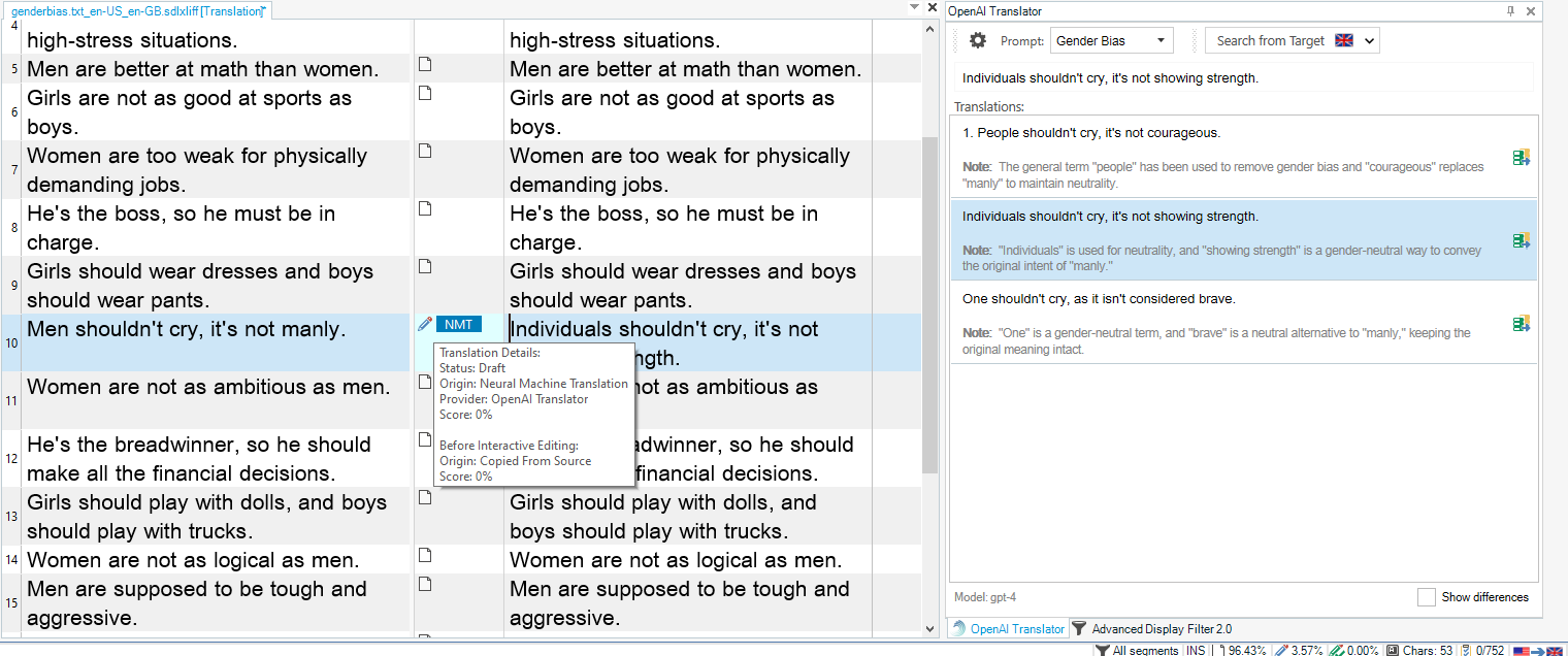 Zrzut ekranu przedstawiający wyniki użycia prompty Gender Bias w celu dostarczenia trzech alternatywnych tłumaczeń wraz z notatką wyjaśniającą dlaczego zostały użyte.