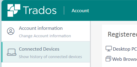 Zrzut ekranu z chmurowego Tradosa, ustawienia konta, zaznaczona pozycja Connected Devices.