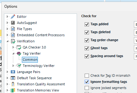 Zrzut ekranu z File - Options - Verification - TagVerifier - Common.