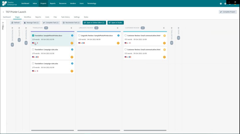 Trados Language Cloud widok projektów