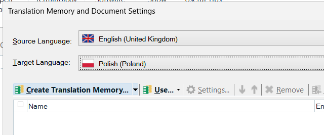 Aby utworzyć pamięć tłumaczeń, kliknij Create Translation Memory.