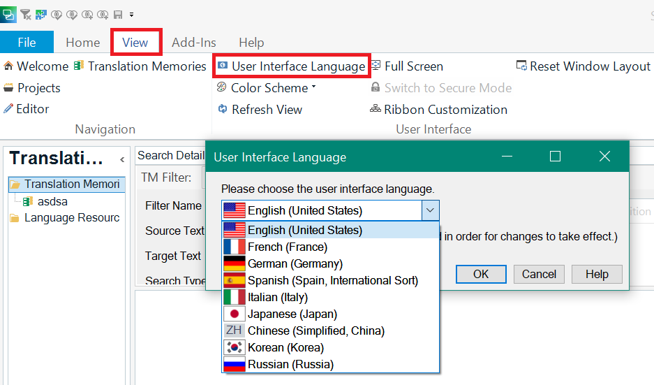 Trados Studio zmiana języku interfejsu z rozwijanej listy.