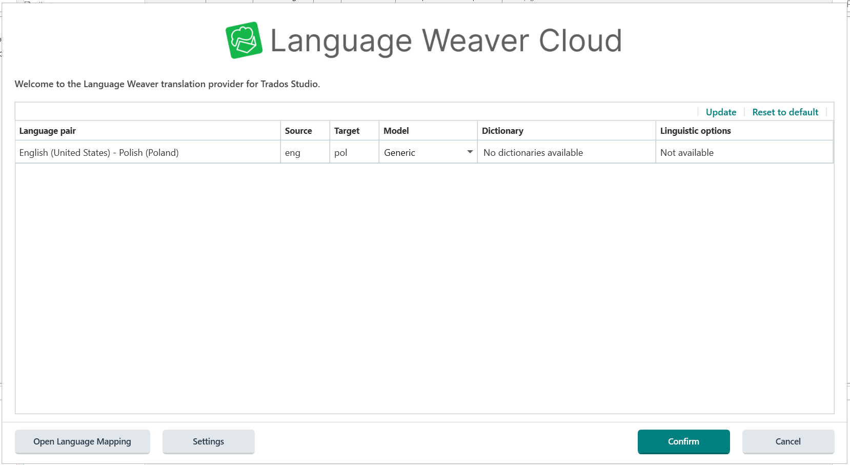 Zrzuk ekranu z Trados Studio z okna Language Weaver Cloud, z widoczną parą językową.