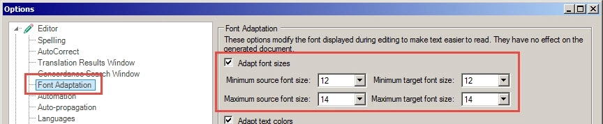 Trados Studio opcje font adaptation pozwalają na zmianę rozmiarów fontów w edytorze