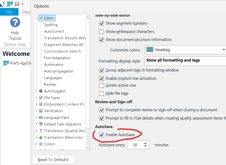 Zrzut ekranu z Trados Studio. Okno Options - Editor i zaznaczona pozycja Enable Autosave.