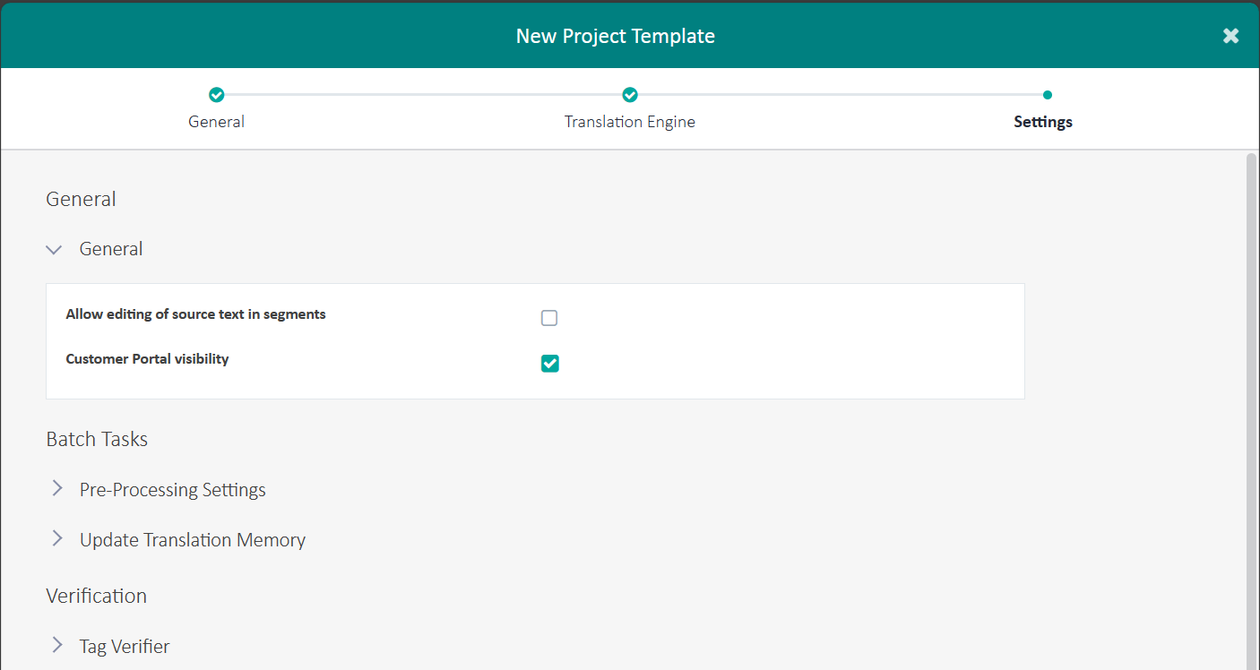 Zrzut ekranu z chmurowego Tradosa: tworzenie nowego szablonu projektu i Settings.