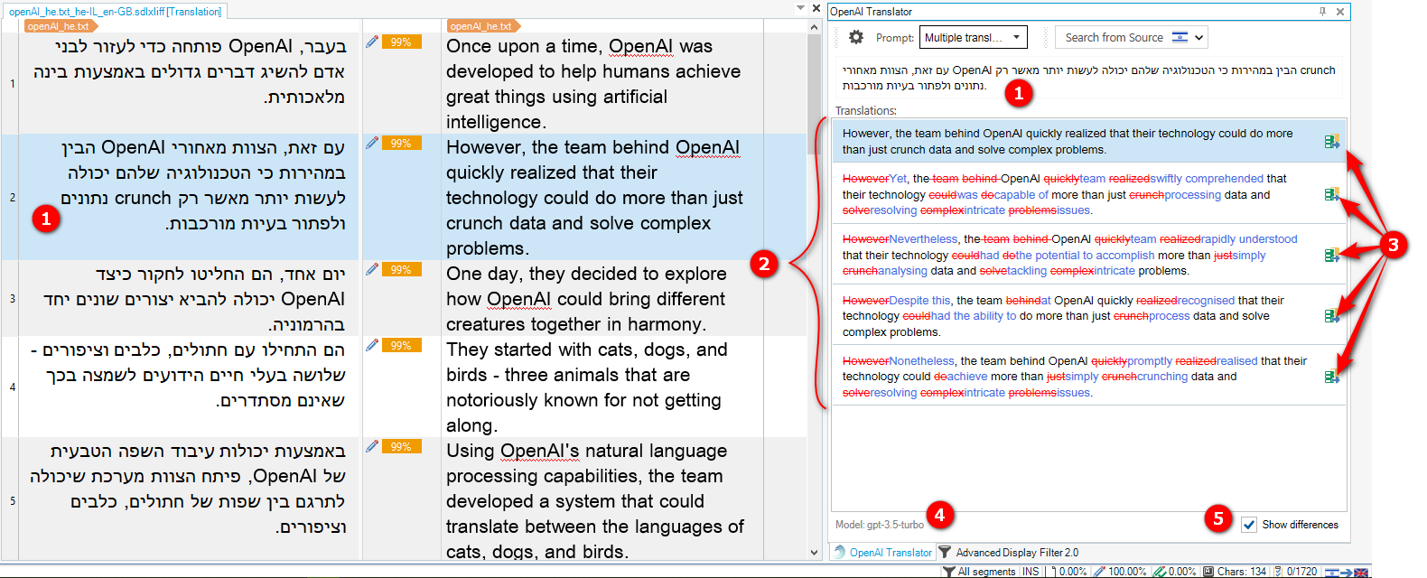 Zrzut ekranu przedstawiający pięć tłumaczeń tekstu źródłowego, z numerowanymi adnotacjami odnoszącymi się do informacji na ekranie i wyjaśnionymi poniżej.