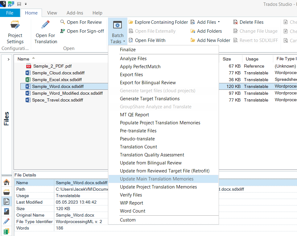 Zrzut ekranu z Trados Studio z menu Batch Tasks w widoku Files.