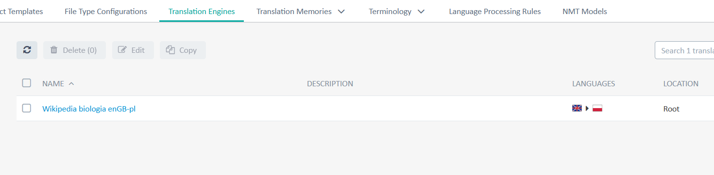 Zrzut ekranu z chmurowego Tradosa: lista dostępnych Translation Engines.