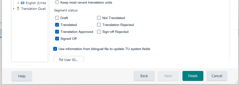 Zrzut ekranu z Trados Studio z zadania wsadowego Update Main Translation Memories krok 2 skupienie na segmentach