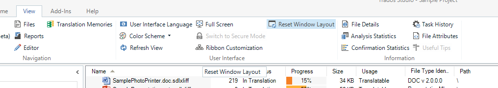 Zrzut ekranu z Tradosa Studio z karty View.