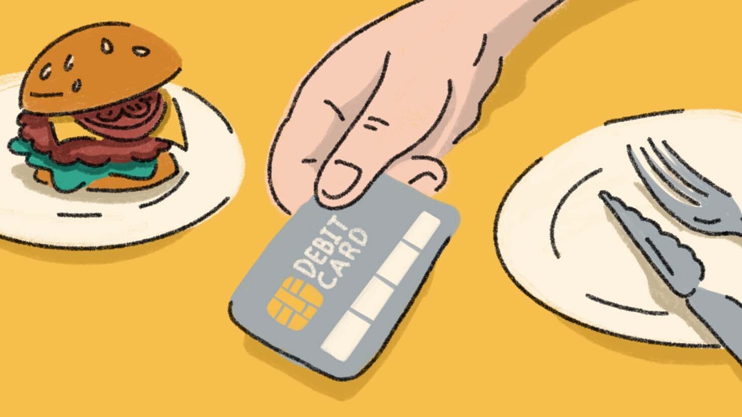 Illustration of a hand passing a debit card.