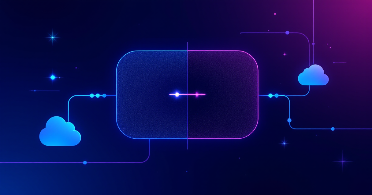 Benutzeroberfläche mit einem „Bild verbessern“-Button, der eine komplexe technische Architektur im Hintergrund symbolisiert.