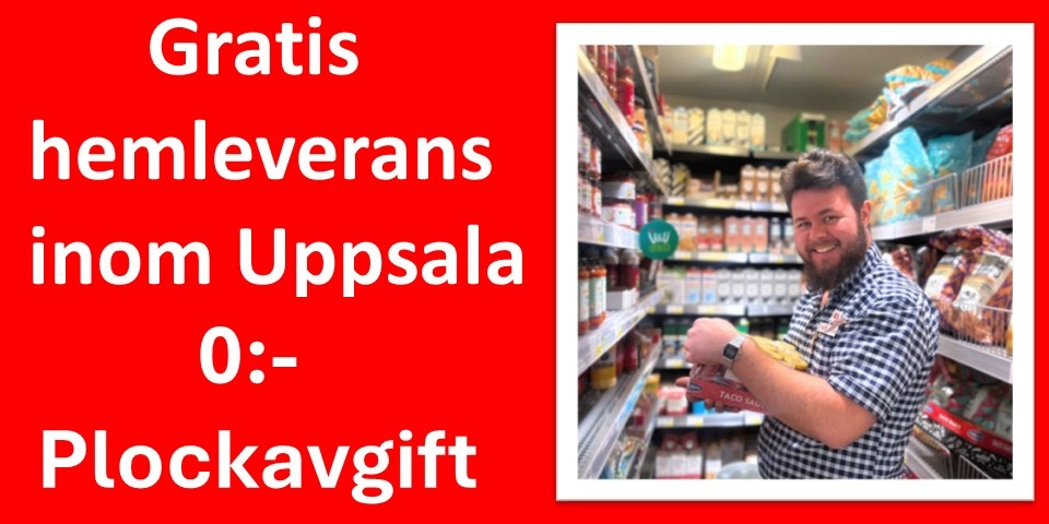 Person plockar varor i en butikshylla med texten "Gratis hemleverans inom Uppsala 0:- Plockavgift"