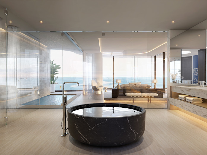 Solid Nero Marquina bathtub and indoor pool in $30 m penthouse
