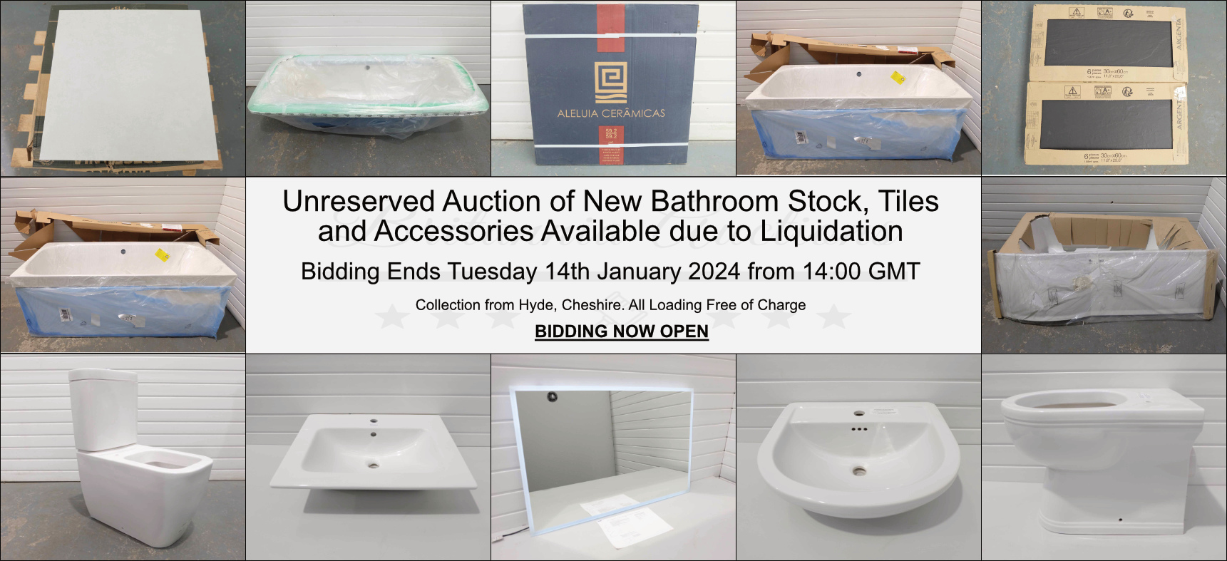 Unreserved Auction of New Bathroom Stock, Tiles and Accessories Available due to Liquidation