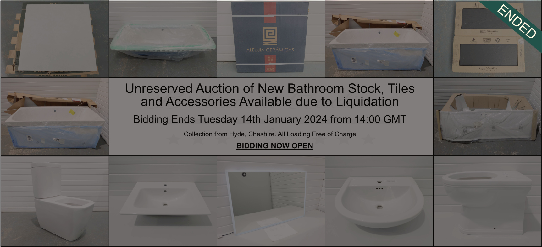 Unreserved Auction of New Bathroom Stock, Tiles and Accessories Available due to Liquidation