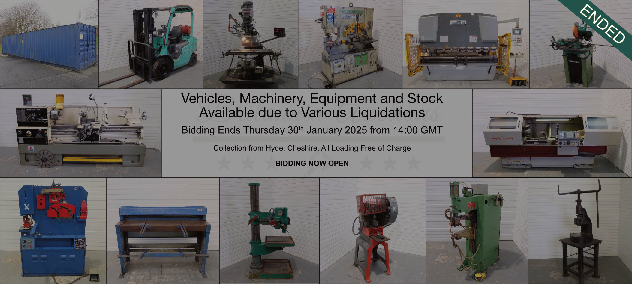 Vehicles, Machinery, Equipment and Stock Available due to Various Liquidations