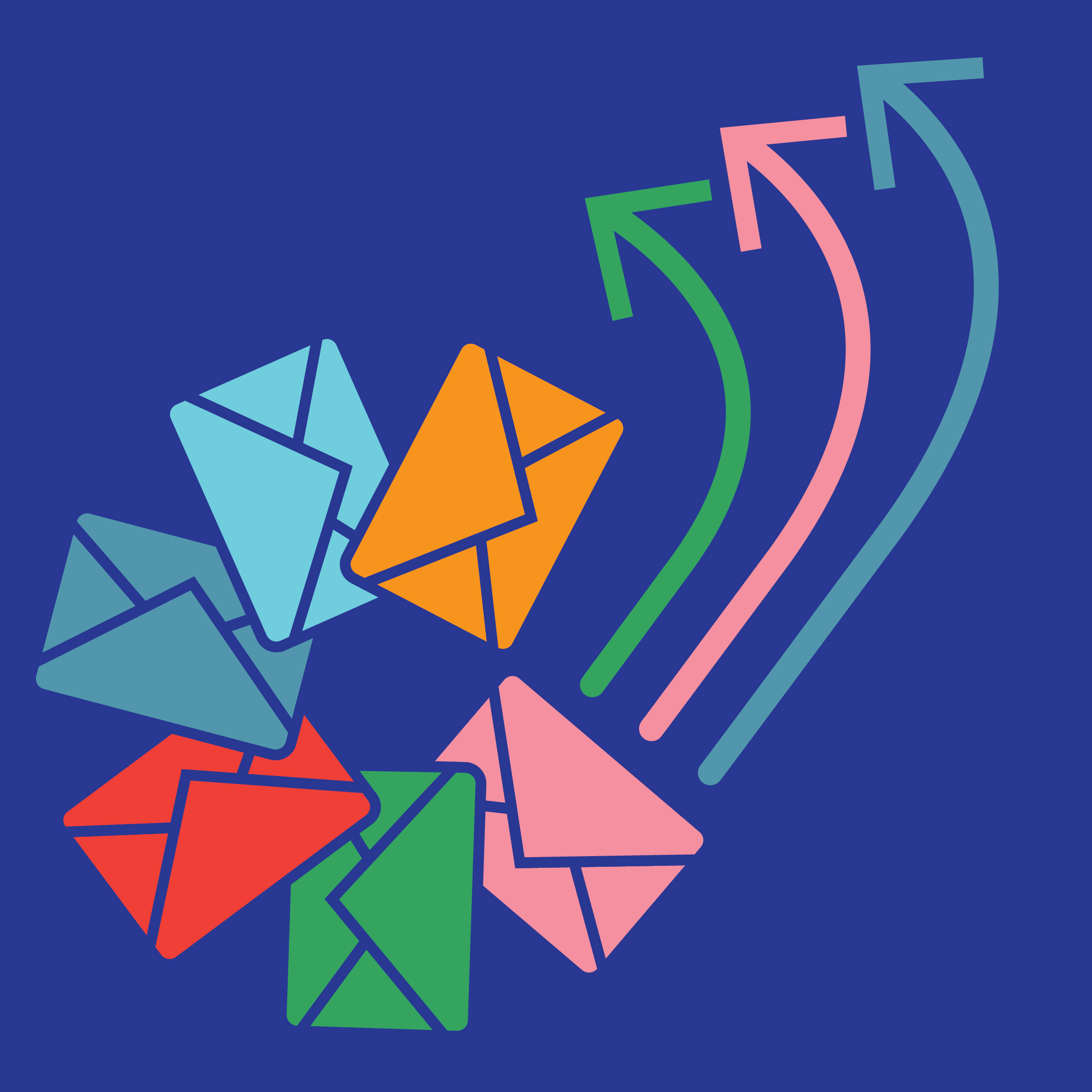 Multicolor envelopes and arrows on a dark blue background