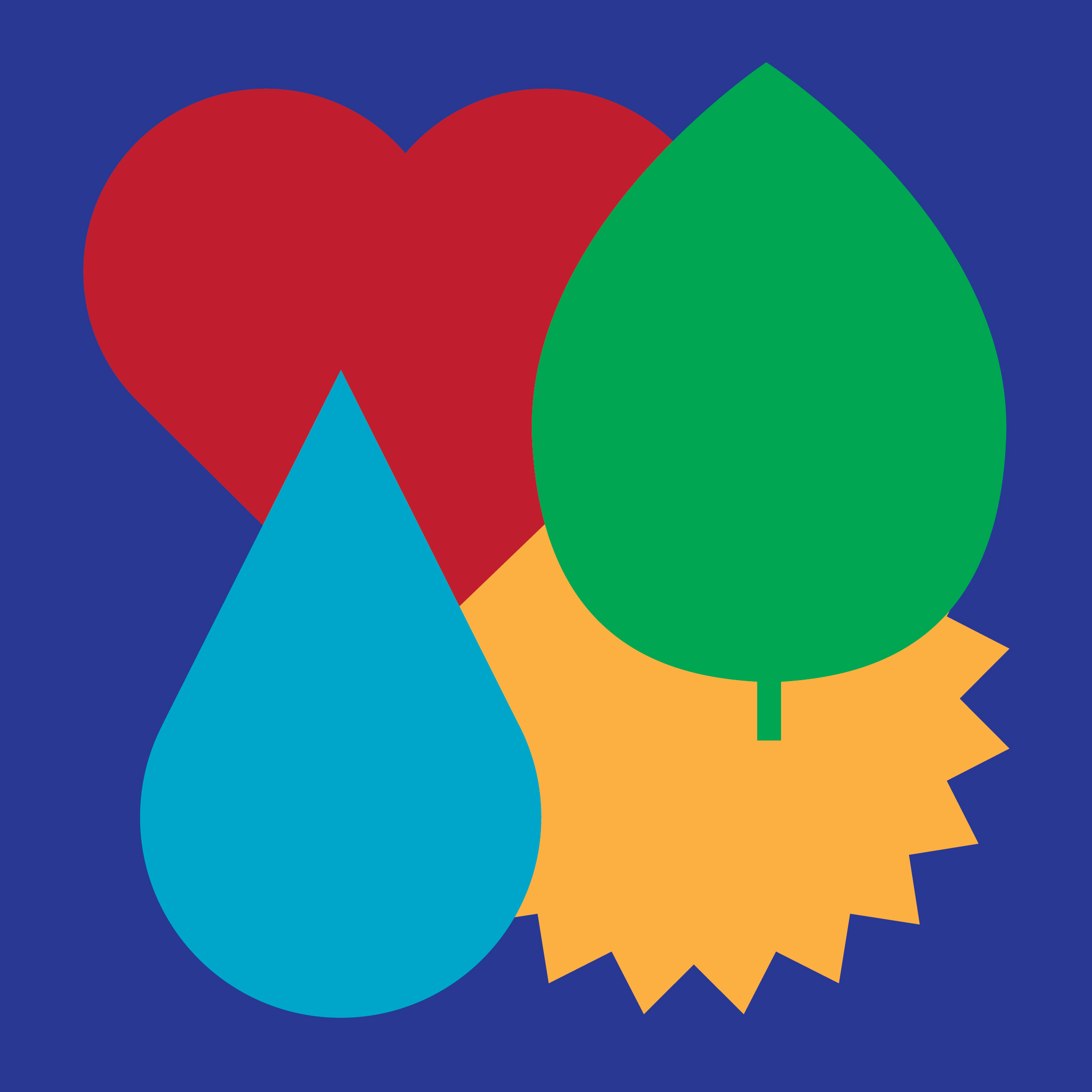 Red heart, green leaf, blue water droplet, and yellow sun on a dark background