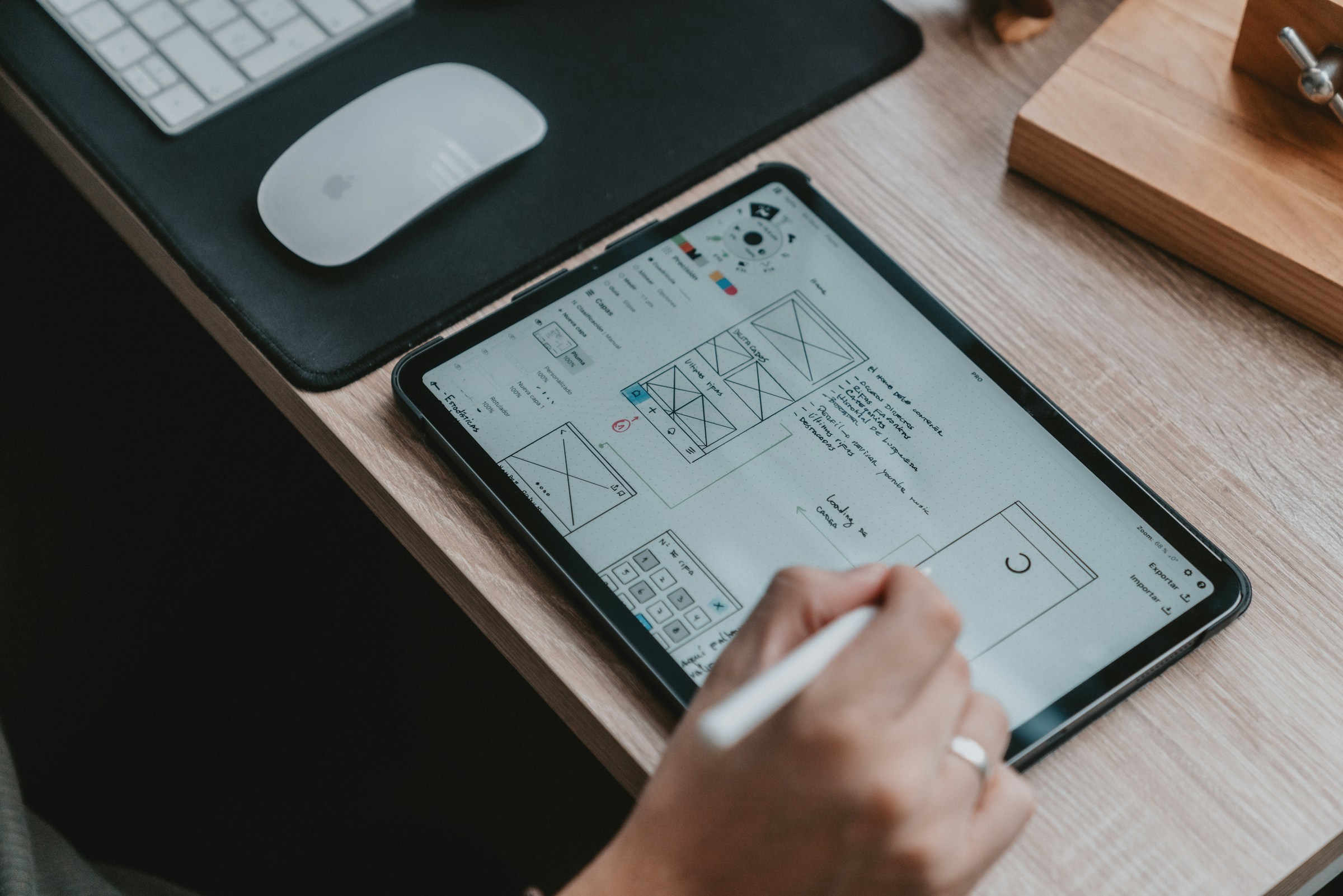 A person takes notes on a tablet with product design elements on display, all next to an Apple mouse and keyboard on a wooden desk.