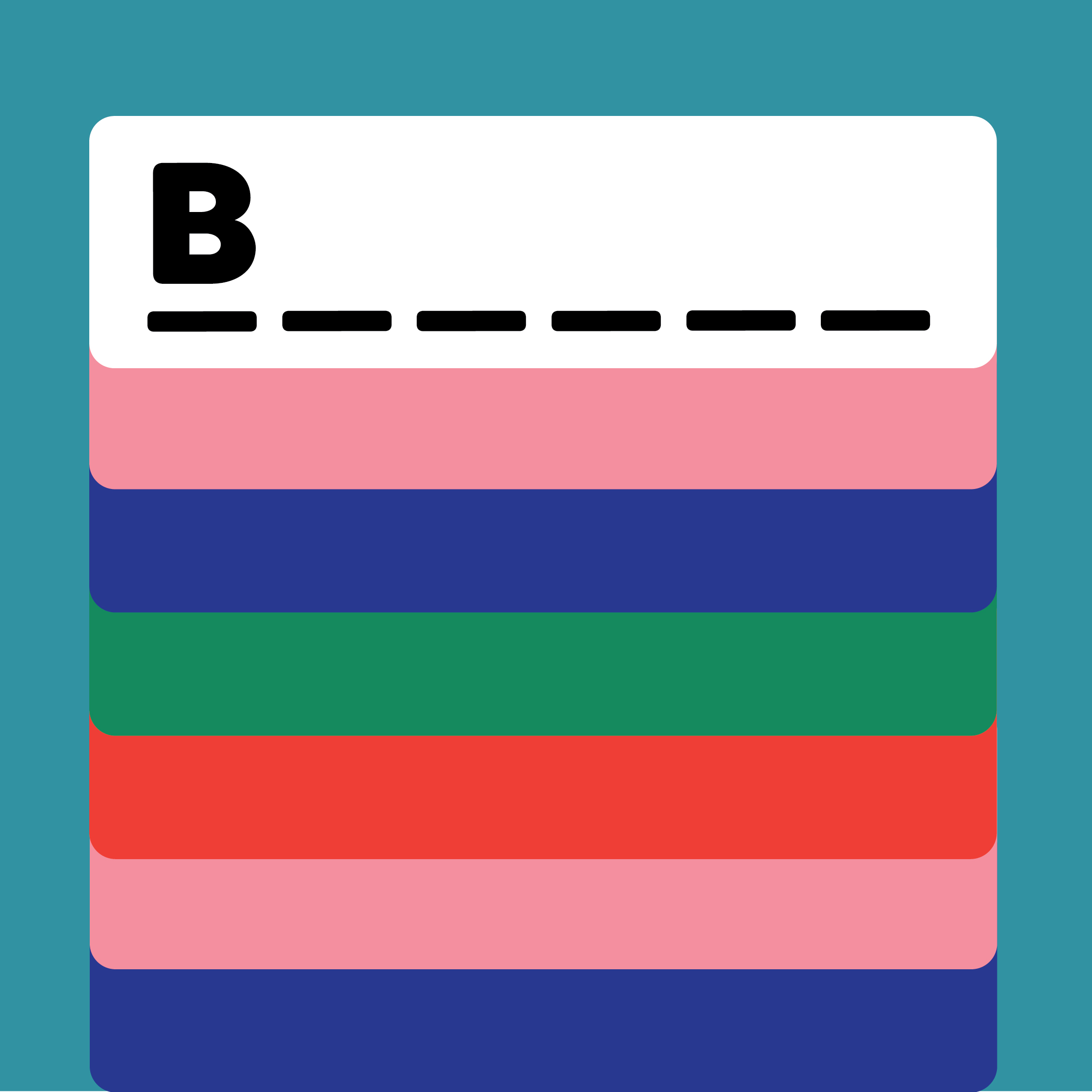 Letter B followed by 5 blank spaces with colorful tabs on a teal background