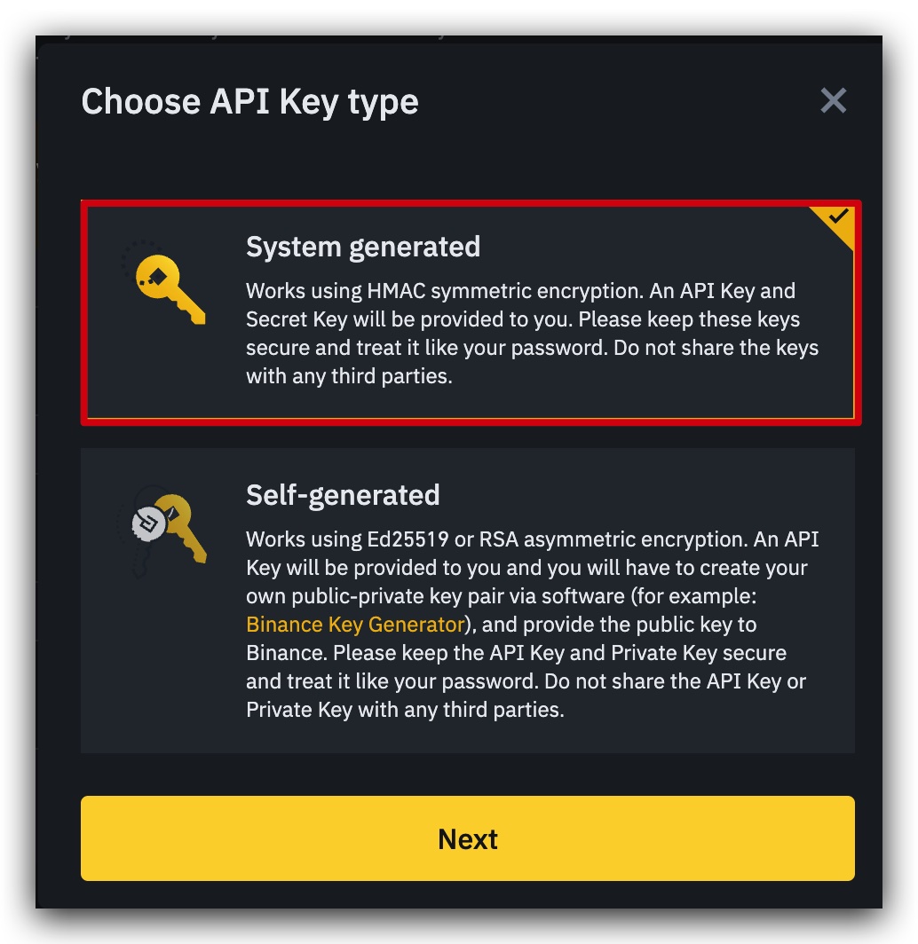 Binance API type selection