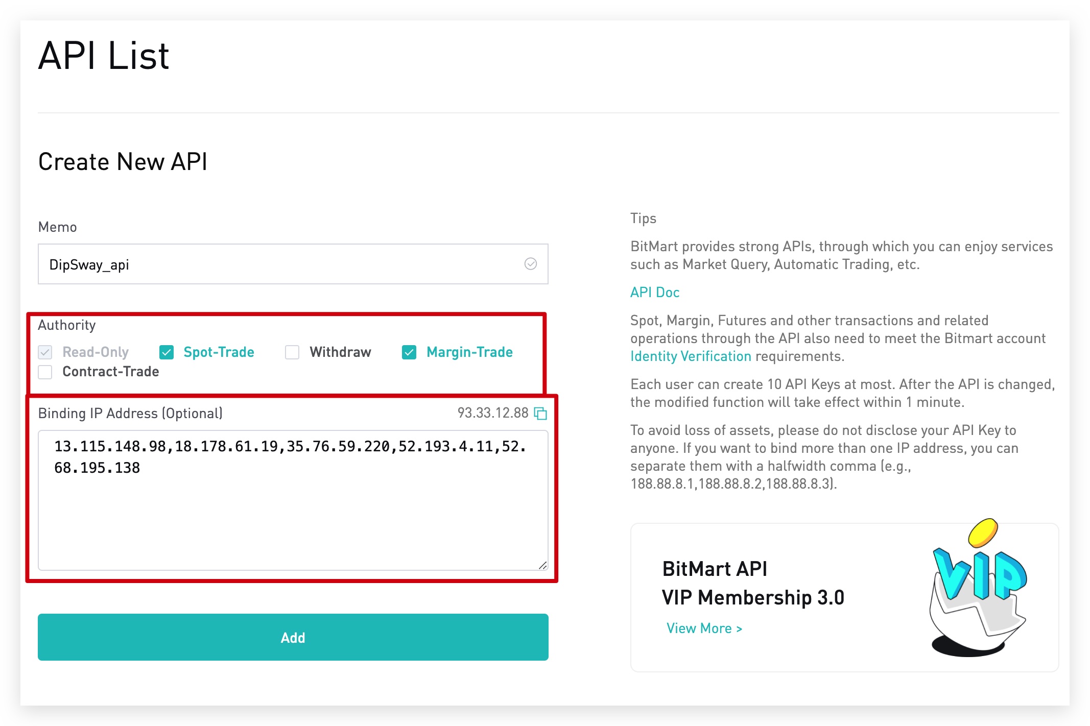 BitMart API keys creation 