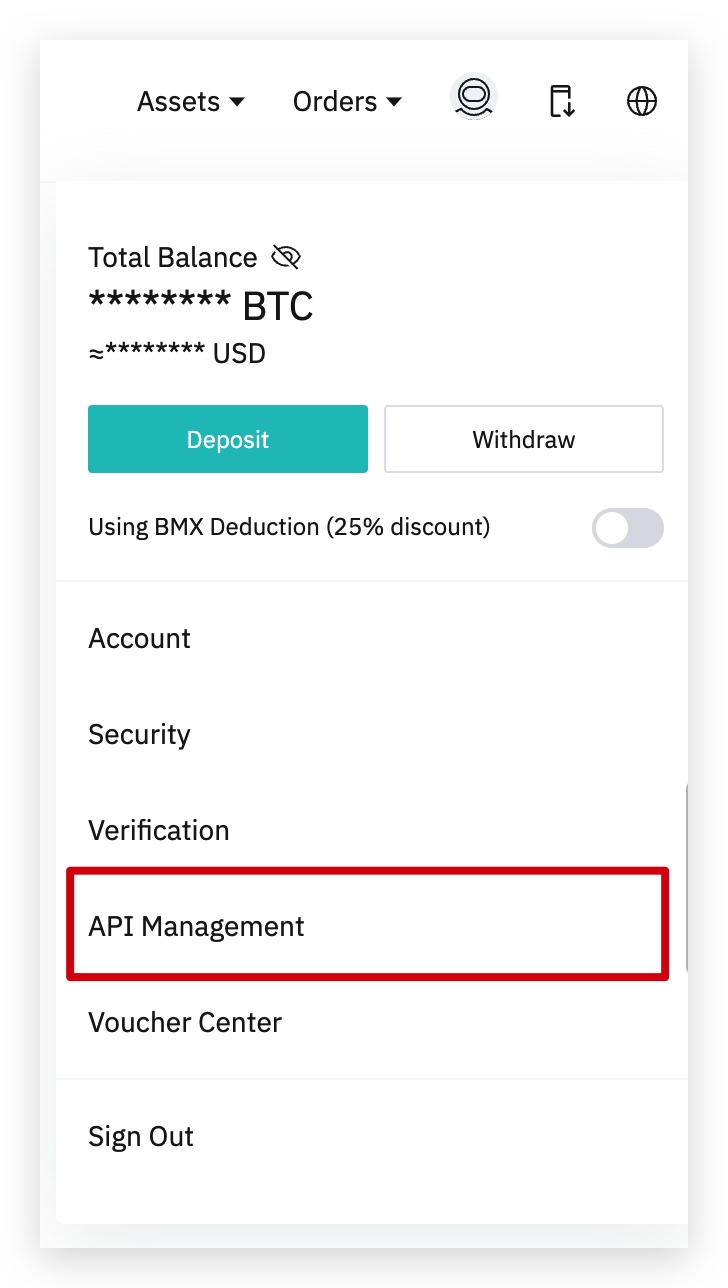 BitMart API management menu
