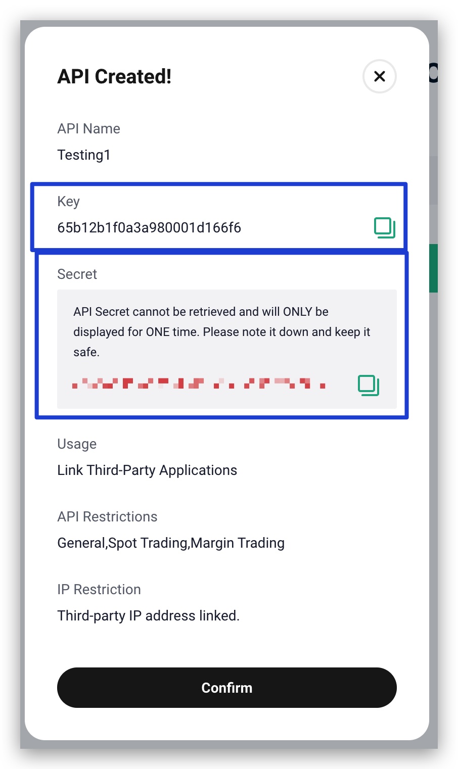 KuCoin API secret and ID