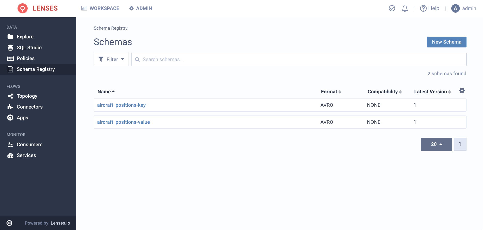 Listed Schemas in Glue Schema Registry with Lenses