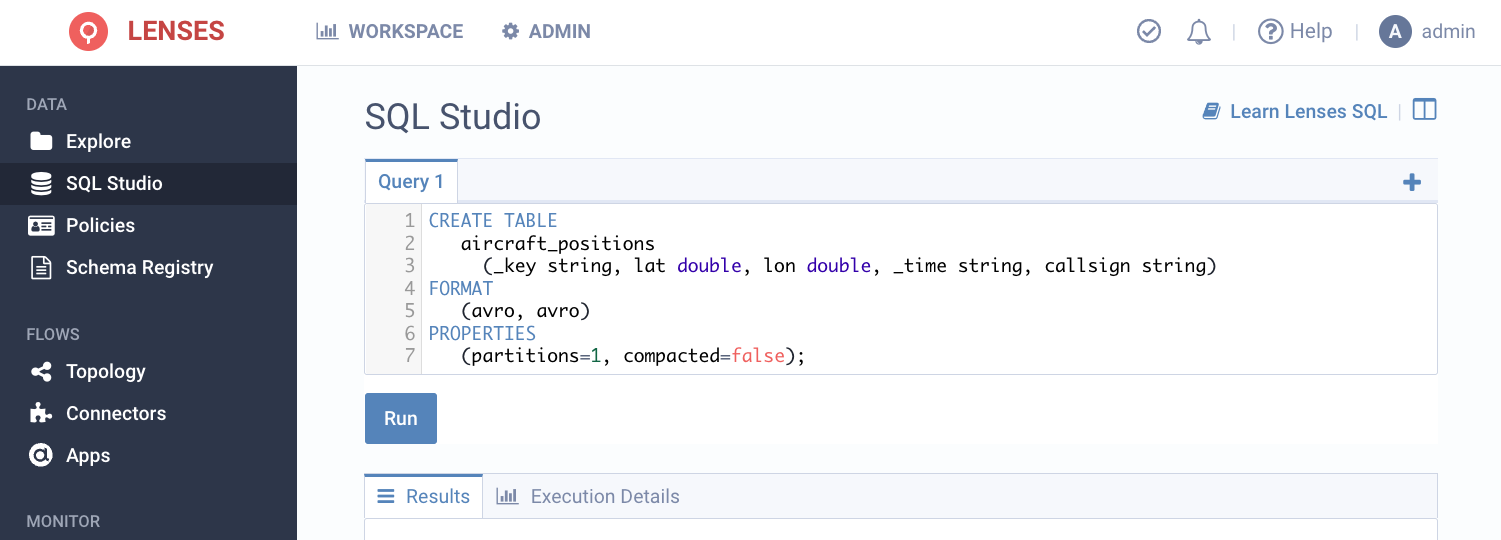 Create Topic in Lenses with SQL and Schema in Glue Schema Registry