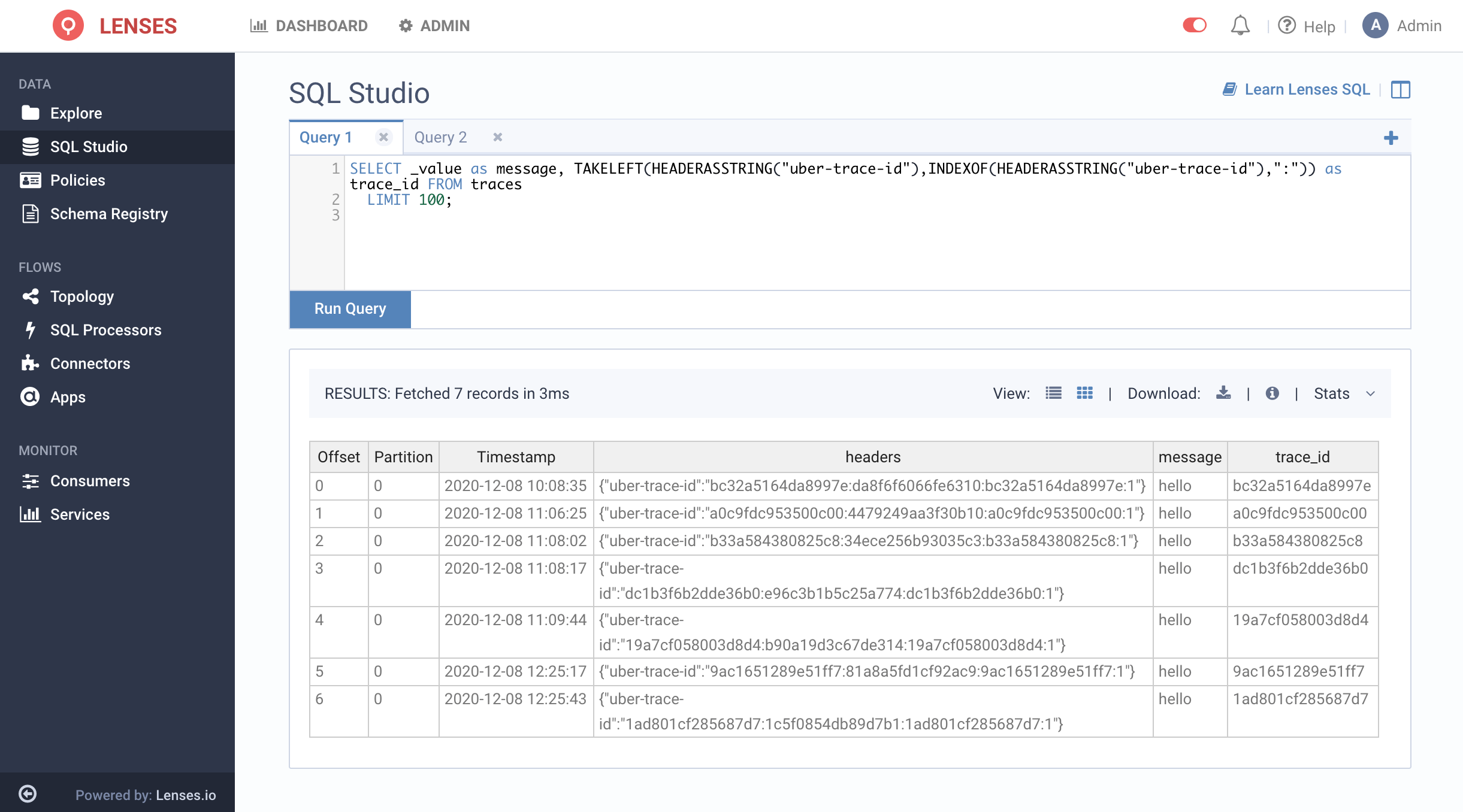 Apache Kafka headers query header with SQL