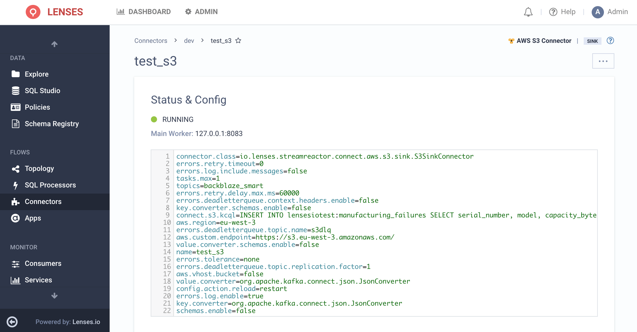 lenses.io aws s3 connector kafka connect configuration