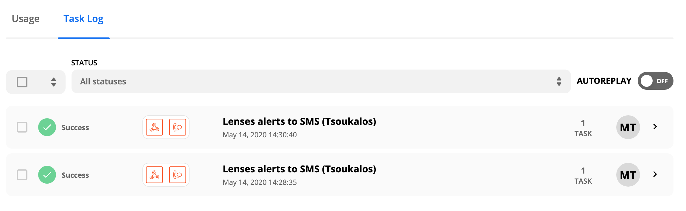 SMS Task History 