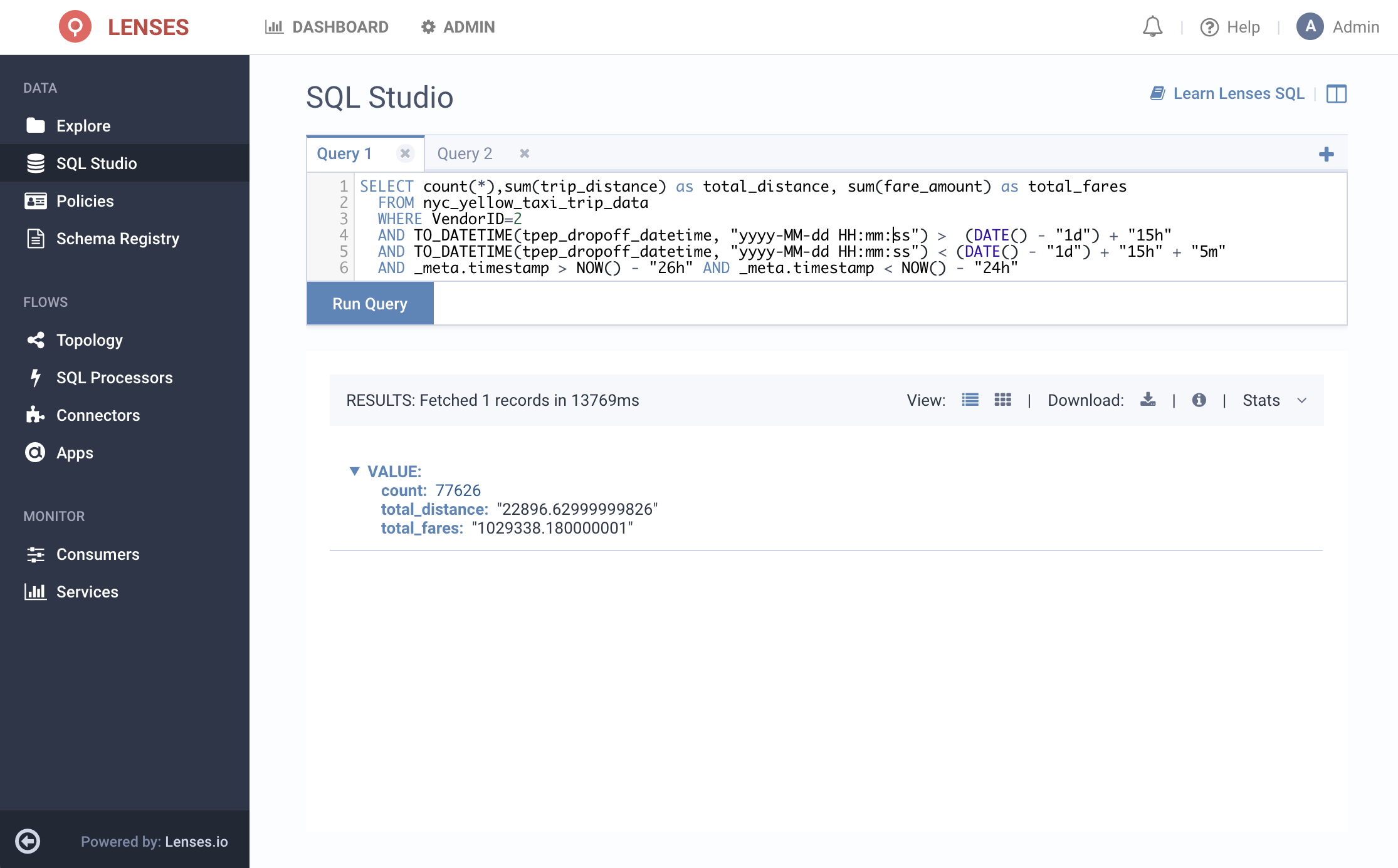 Apache Kafka topic sum of distance in topic SQL query with lenses.io