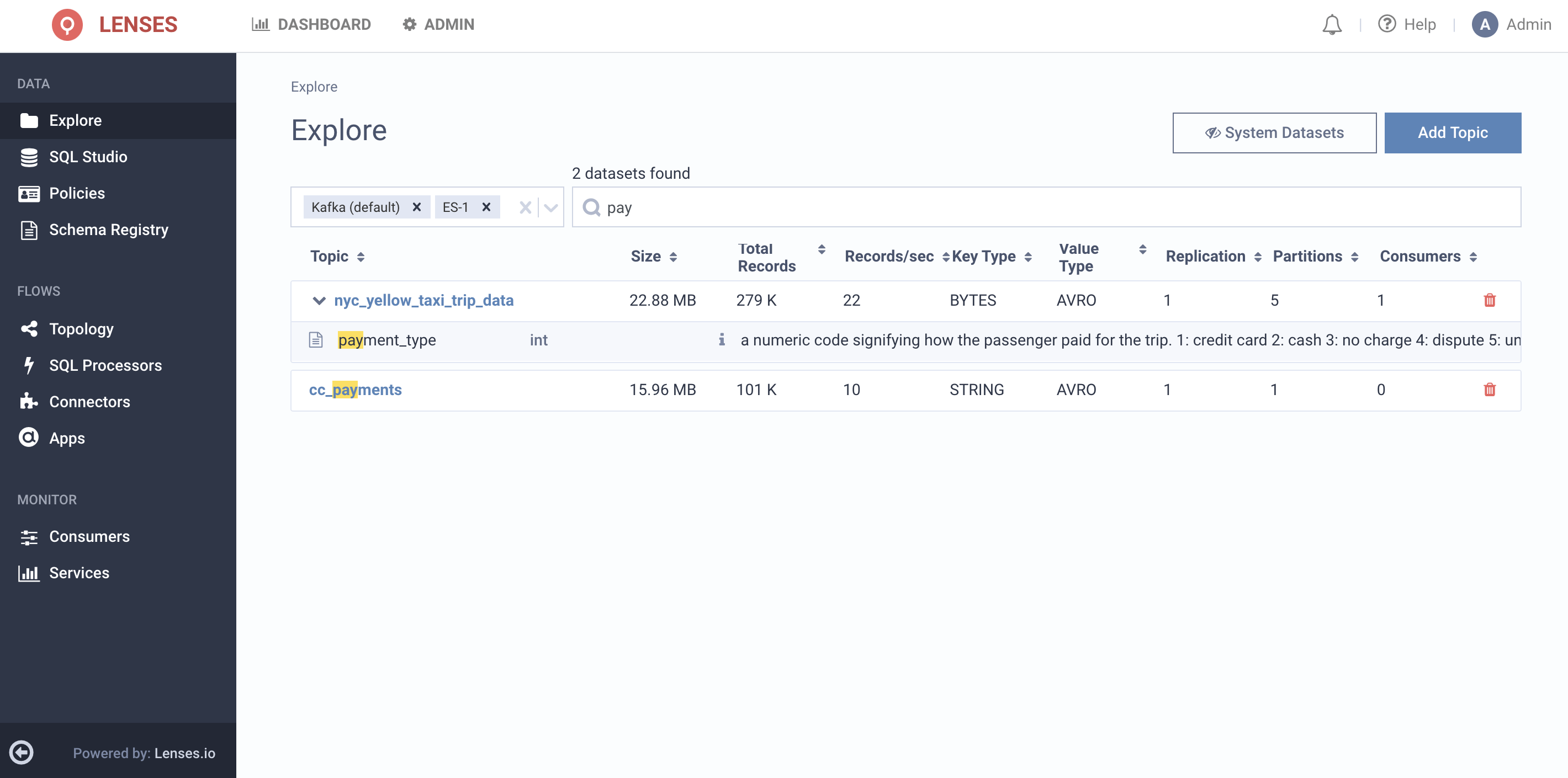 Lenses.io - real time data catalog - searching metadata in Apache Kafka and Elasticsearch