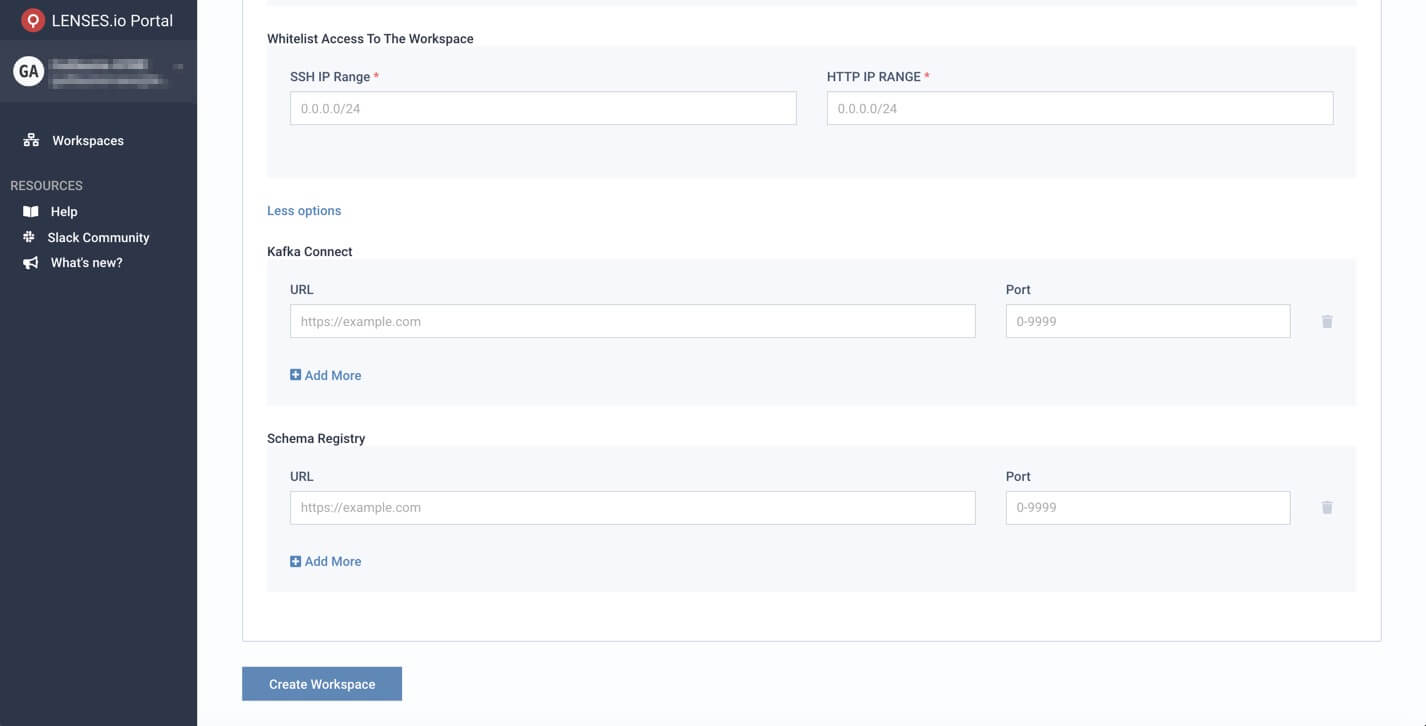 Lenses.io Portal - AWS MSK Kafka Schema Registry & Kafka Connect Deployment settings