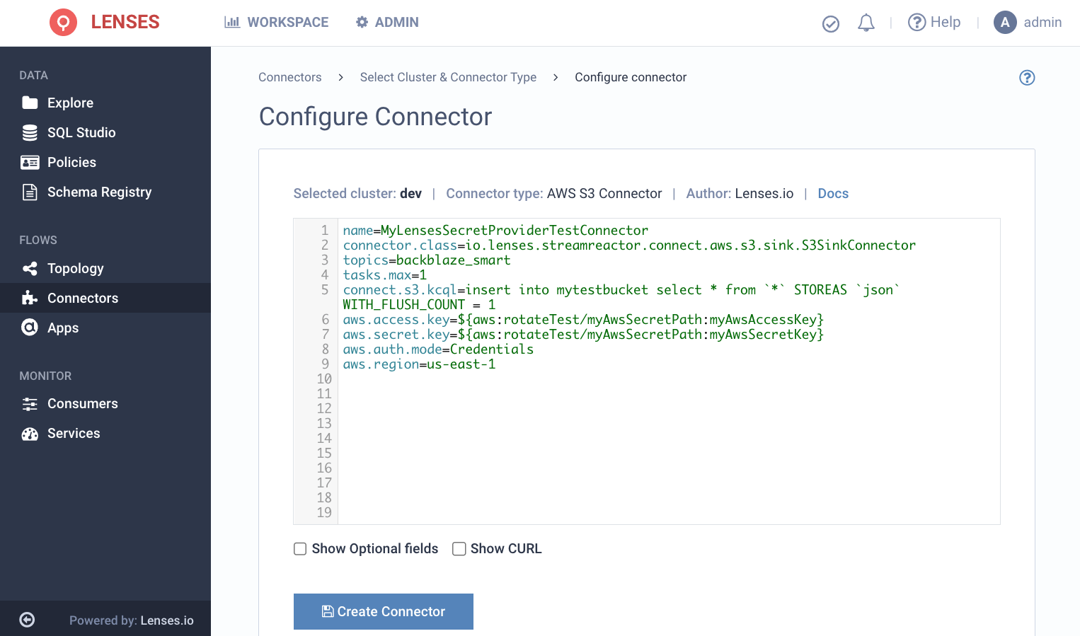 S3 Kafka Connect connector config in Lenses